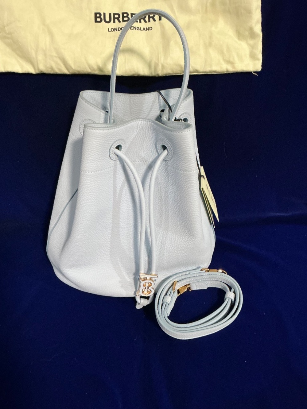 New Burberry small Drawstring Leather TB Bucket Bag pale blue - Picture 2 of 11